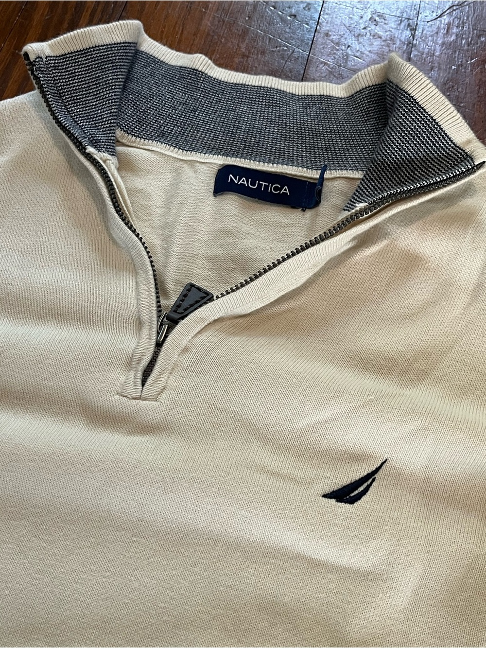 Nautica Men’s Cream Quarter-Zip Pullover with Navy Trim
